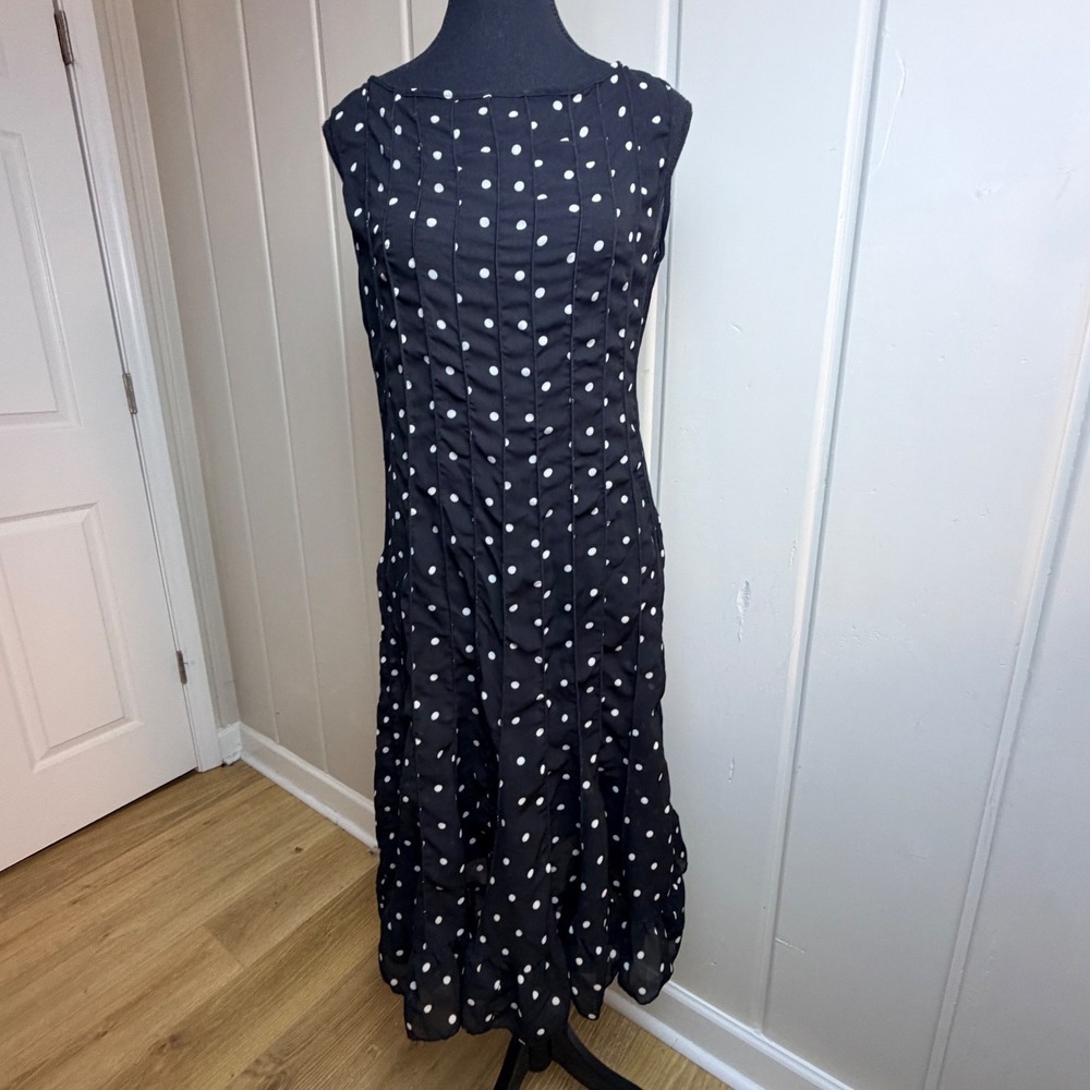 Sandra Darren Black White Polka Dot Pleated Ruffle Hem Midi Dress Size 12